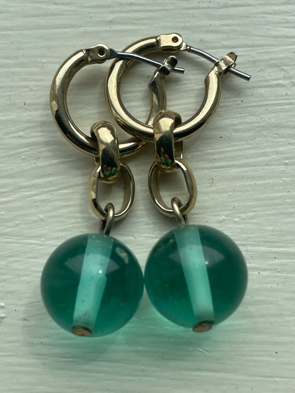 Gold Hoop Earrings with Teal Glass Bead Drops Vintage